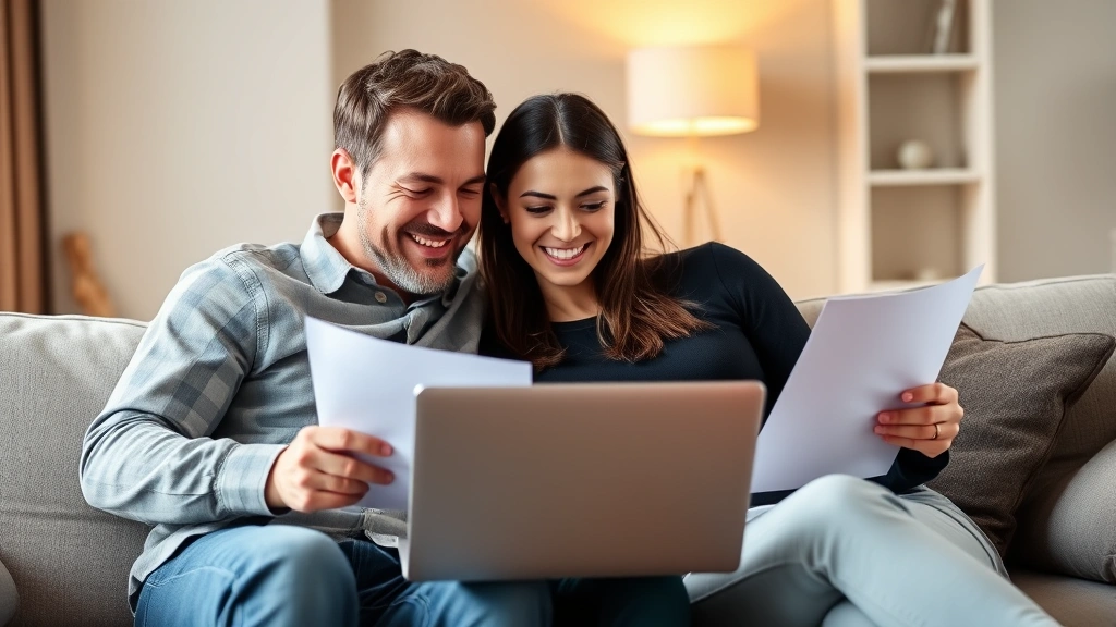 Young couple reviewing documents together on a couch, laptop open, calculator nearby, warm lighting, both smiling with relief and confidence