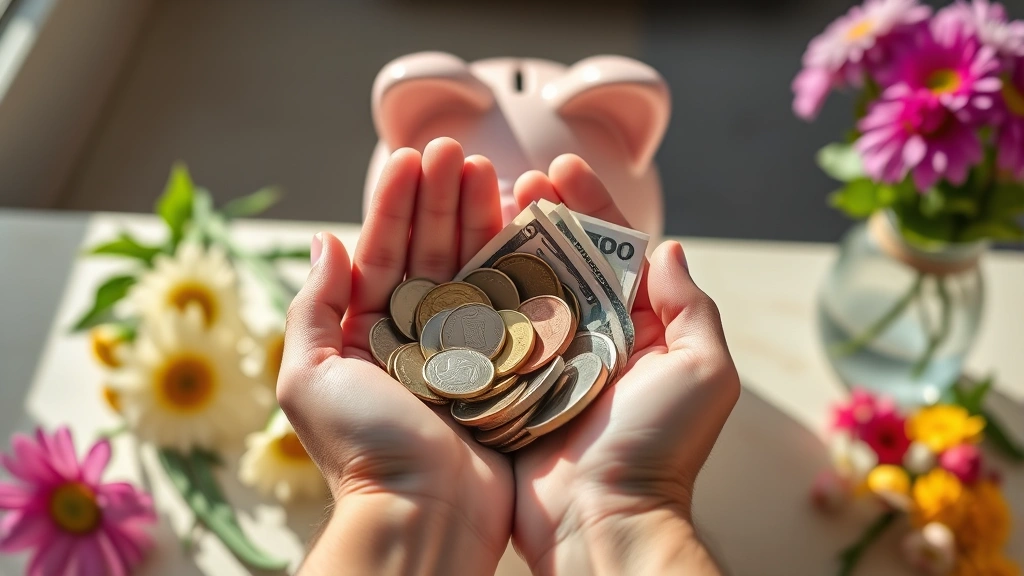 Close-up of hands holding coins and bills, piggy bank in background, fresh flowers on table, bright daylight, representing savings growth and financial wellness