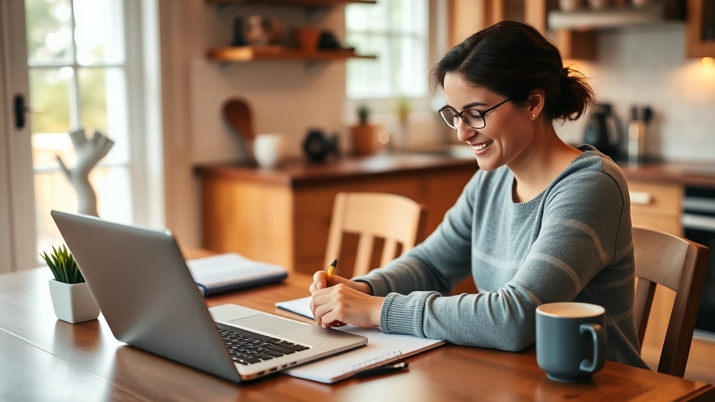 Person sitting at kitchen table with laptop and notebook, writing down monthly expenses and savings goals, warm lighting, casual home setting, coffee mug nearby
