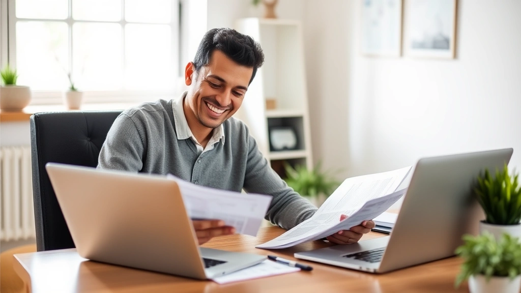 Person sitting at a desk with a laptop and notebook, reviewing financial documents and smiling, natural lighting, modern home office setup, diverse representation