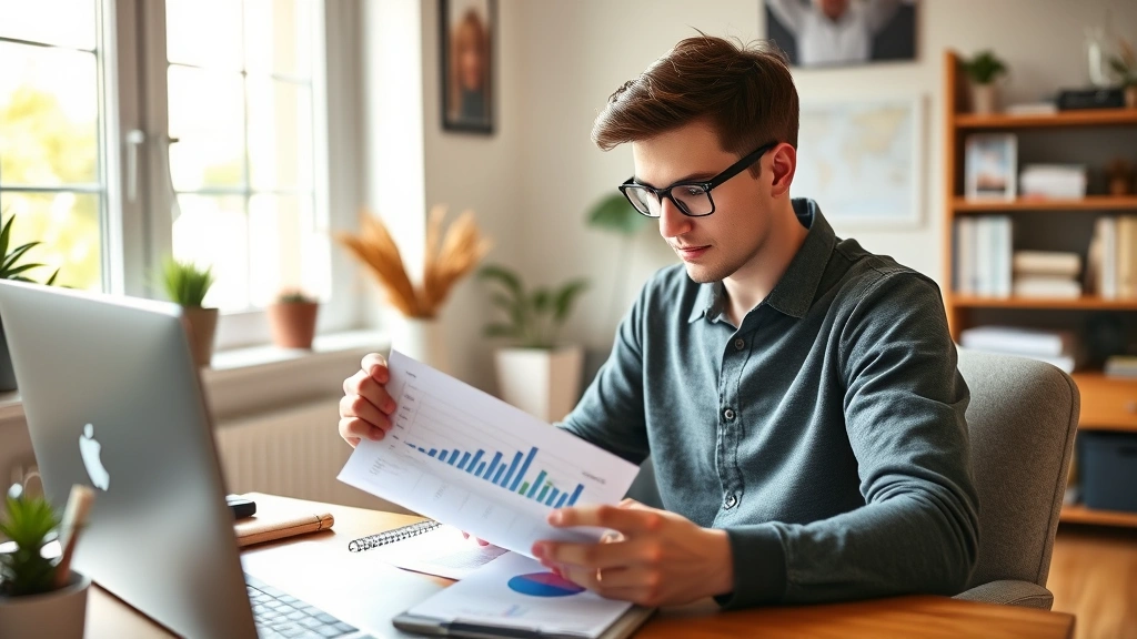 Young adult reviewing financial documents and progress charts in a cozy home office, natural daylight through window, feeling focused and motivated