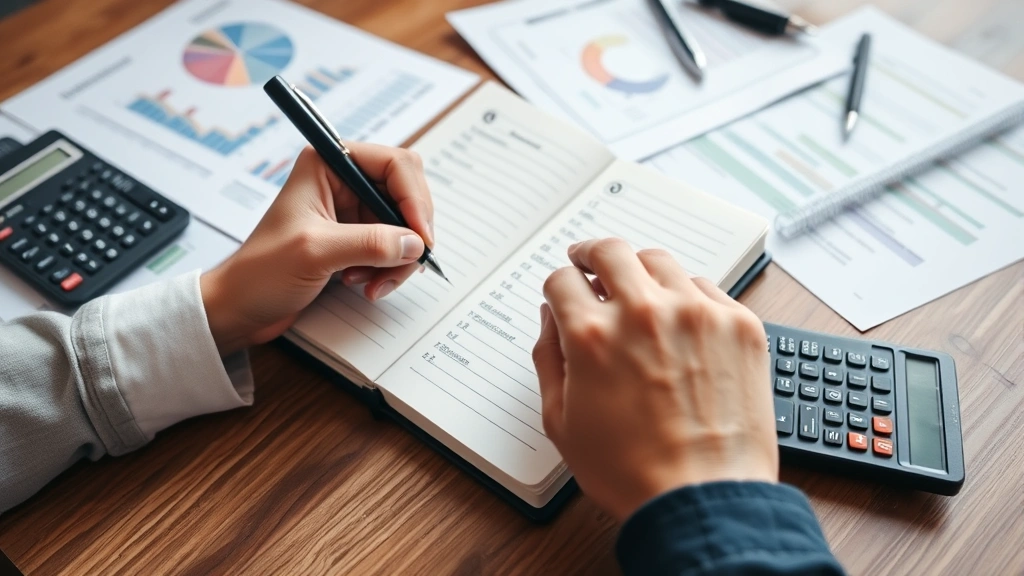 Close-up of someone's hands writing financial targets and milestones in a journal with a pen, financial documents and calculator on desk beside them