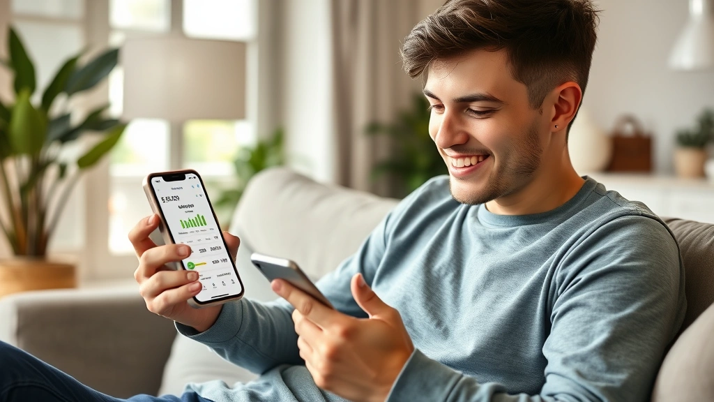 Young adult looking at phone showing budget app or savings tracker, sitting in comfortable home setting, genuine happy expression, modern and hopeful atmosphere