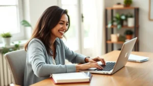 Person sitting at home desk with laptop and notebook, smiling while reviewing monthly budget on screen, natural daylight, warm home office setting, relaxed confident expression