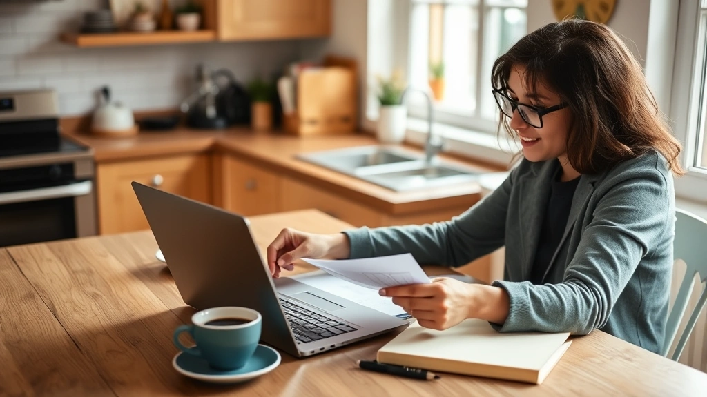 Person sitting at a kitchen table with a laptop and notebook, reviewing their monthly budget and expenses with a cup of coffee nearby, natural daylight, relaxed but focused expression, cozy home office setup