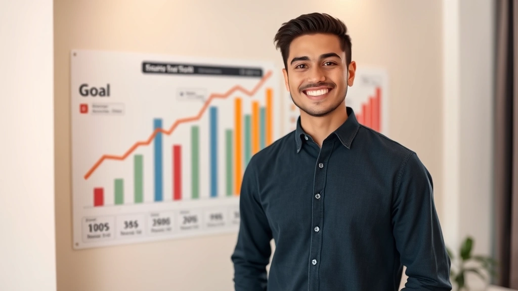 Young professional standing in front of a wall with financial growth charts and goal markers, smiling confidently, modern apartment background, natural window light, representing financial progress and empowerment