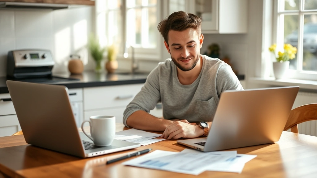 Person sitting at kitchen table with coffee and laptop, reviewing bank statements and notes on paper, natural sunlight, relaxed but focused expression, cozy home setting