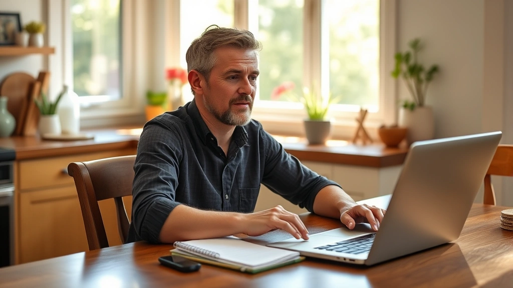 Person sitting at a kitchen table with a laptop and notebook, looking relieved and focused while reviewing finances on a sunny afternoon, warm natural light, peaceful home setting