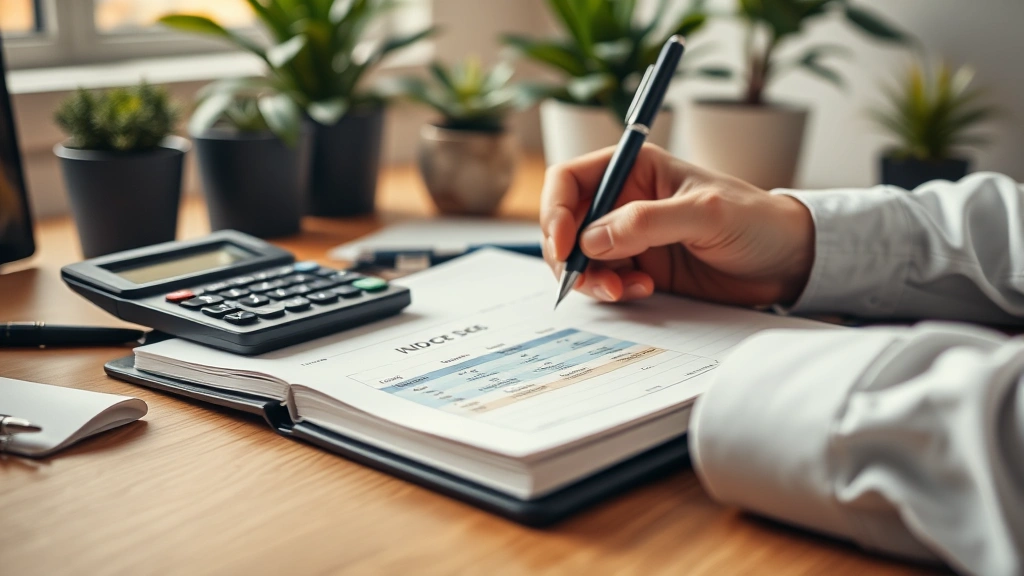 Close-up of hands writing in a notebook with a calculator and budget spreadsheet visible, warm lighting, organized workspace with plants, professional but approachable