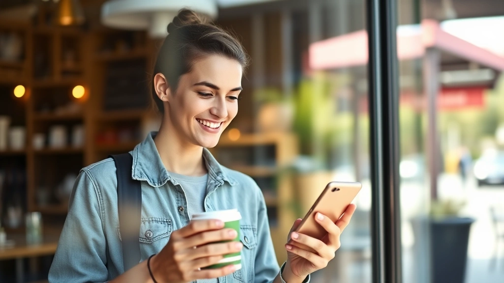 Young adult at a coffee shop window, smiling while checking phone banking app, holding a cup of coffee, bright daylight, modern casual clothing, sense of financial control and peace
