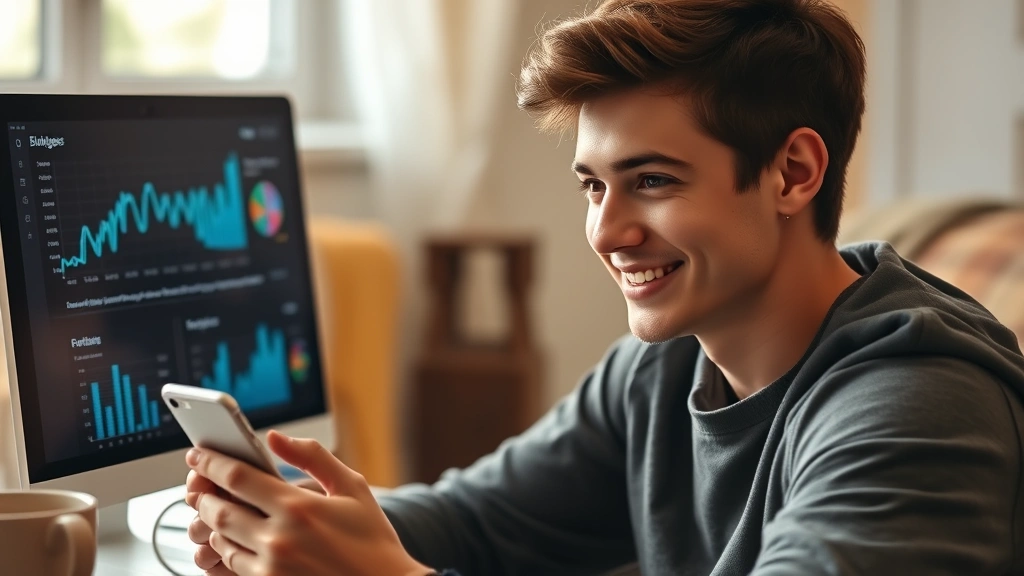 Young adult looking at phone with satisfied expression, digital charts or graphs on screen showing budget progress, coffee cup nearby, natural home lighting, sense of accomplishment