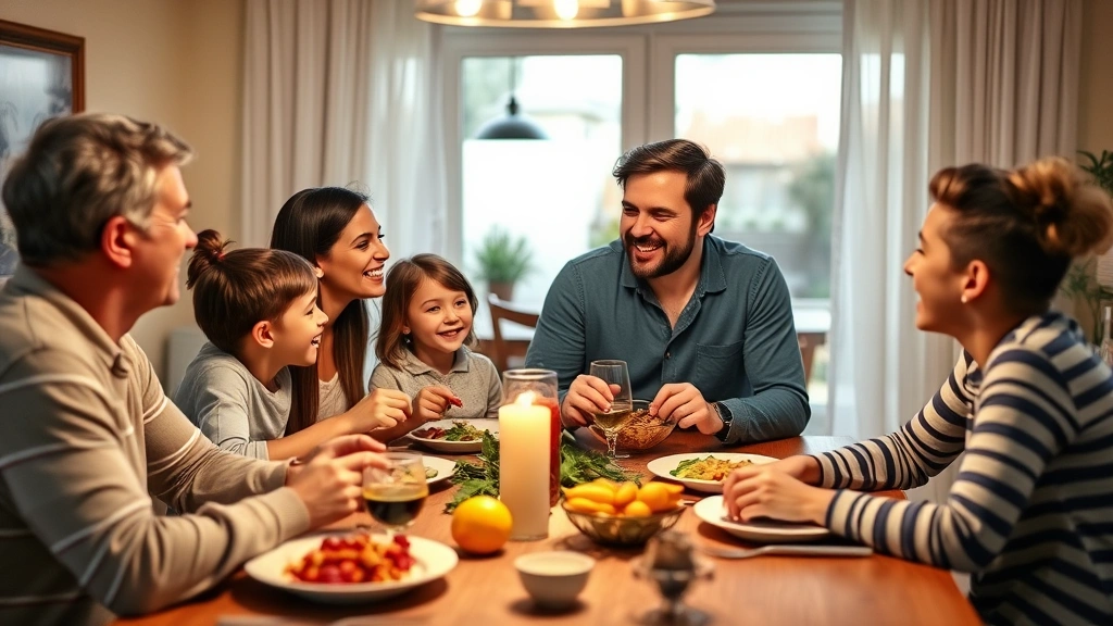 Family having a relaxed dinner conversation at home, parents and children laughing together, warm dining room lighting, representing financial security and reduced money stress, lifestyle-focused