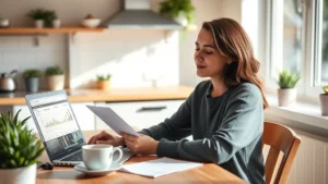 Young professional sitting at kitchen table with laptop and coffee, reviewing budget spreadsheet and receipts, peaceful expression, natural morning light, minimal desk setup with plants