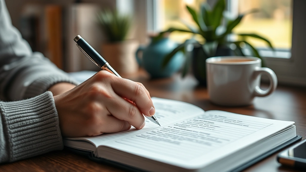Close-up of hands writing financial goals in a notebook, coffee cup nearby, soft natural light, cozy home office atmosphere