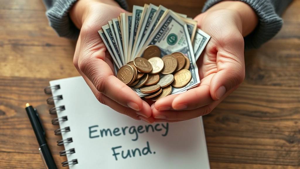 Close-up of a person's hands holding cash and coins over a table with a notebook labeled 'Emergency Fund,' warm natural lighting, realistic photography style