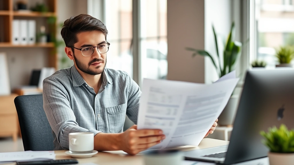 Person reviewing financial documents at desk with coffee, calm and focused expression, modern home office setting