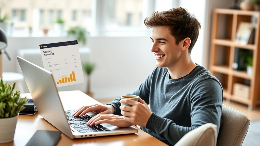 Young adult sitting at a laptop with a cup of coffee, smiling while checking a savings account balance on screen, modern home office setting, natural daylight