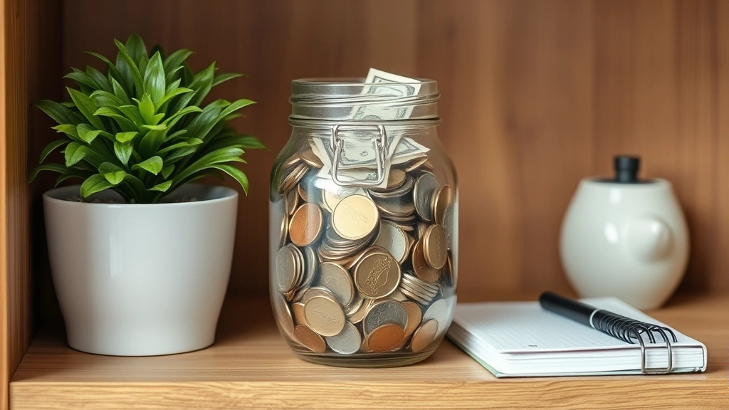 Piggy bank or savings jar filled with coins and bills, sitting on a wooden shelf next to a plant and small notebook, soft focus background, lifestyle photography
