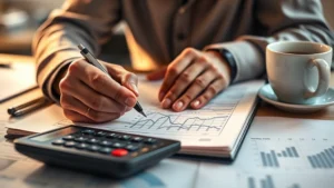 Close-up of hands writing in a financial planning notebook with calculator nearby, warm desk lighting, coffee cup visible, focused and determined expression, home office setting