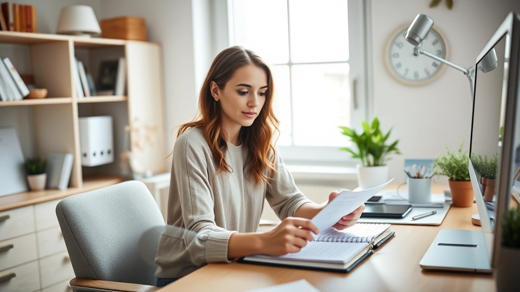 Person sitting at desk reviewing finances with calm expression, peaceful home office environment, natural light, organized workspace with notebook