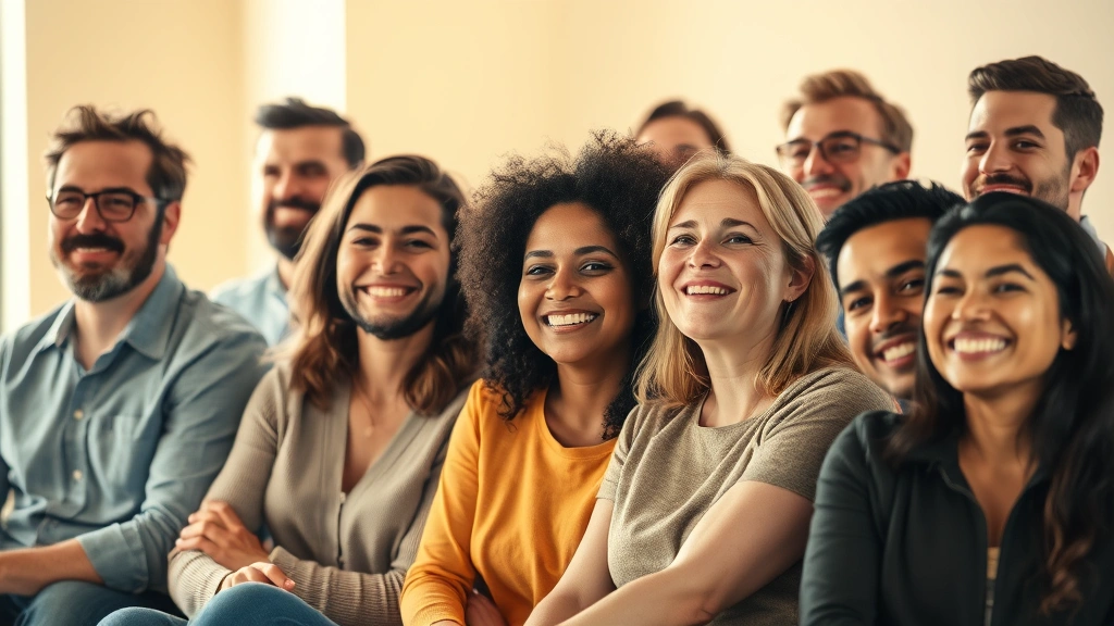 Diverse group of people looking relieved and confident, sitting together in casual setting, warm lighting, expressions of peace and security