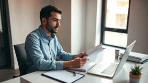 A person sitting at a clean desk with a laptop and notebook, reviewing financial documents with a calm, focused expression, warm natural lighting from a window, modern minimalist office setting