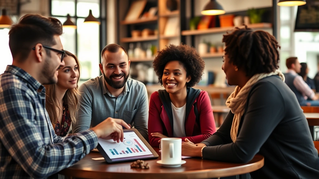 A diverse group of people in a casual coffee shop setting, one pointing at a tablet showing a budget chart while others listen engaged, warm lighting, real conversation moment
