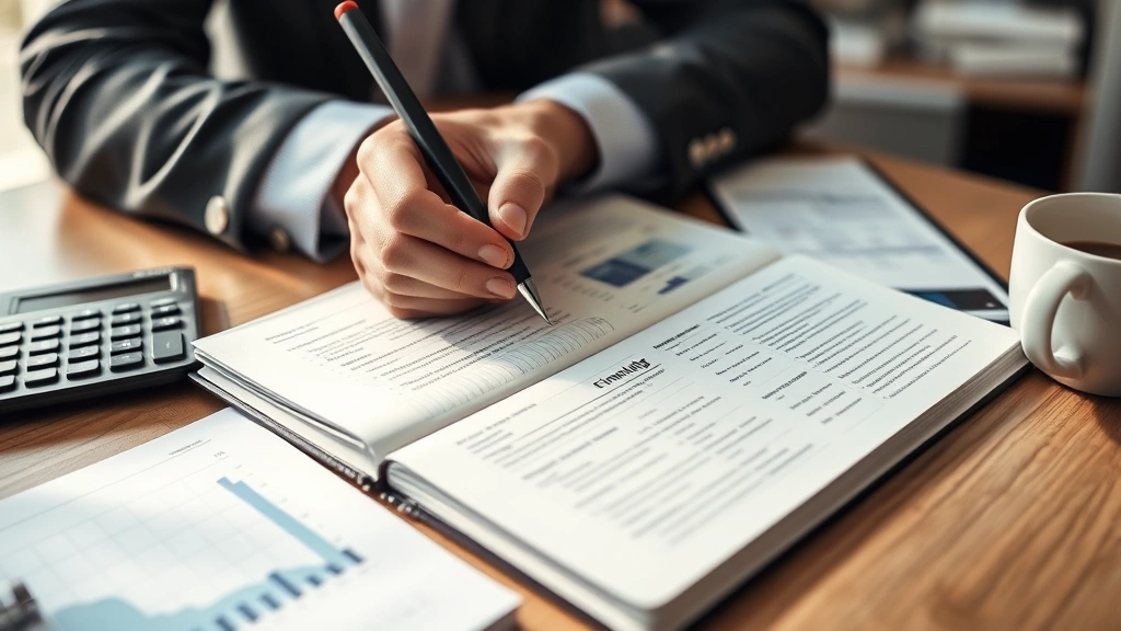 A close-up of hands writing in a financial planning journal with a calculator nearby, coffee cup on the side, soft afternoon lighting, organized workspace