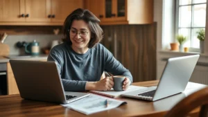 Person sitting at a kitchen table with a laptop, notebook, and coffee mug, reviewing bank statements and jotting down notes with a focused but relaxed expression, natural daylight from window
