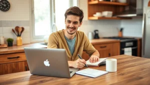Young professional sitting at a kitchen table with a laptop and notebook, writing down budget notes with a cup of coffee nearby, natural daylight from window, warm and focused expression, organized but lived-in space