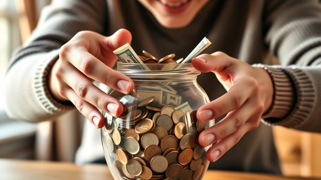 Person opening a piggy bank or savings jar filled with cash and coins, hands close-up, cozy home setting, morning light, expression of satisfaction and accomplishment