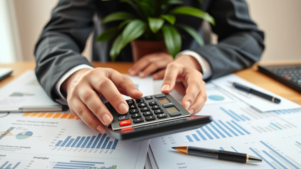Hands holding a calculator and financial documents spread on a desk, pen ready, organized workspace with plant in background, neutral warm tones, focused and determined mood