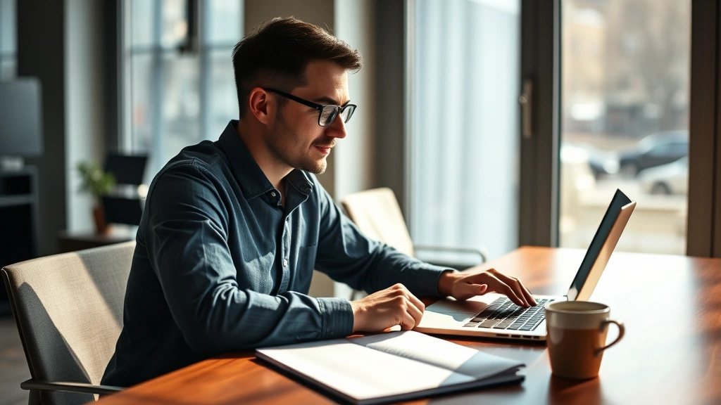 Person sitting at a modern desk with a laptop and notebook, reviewing financial data with a calm, focused expression. Warm natural lighting from a window. Coffee cup nearby.