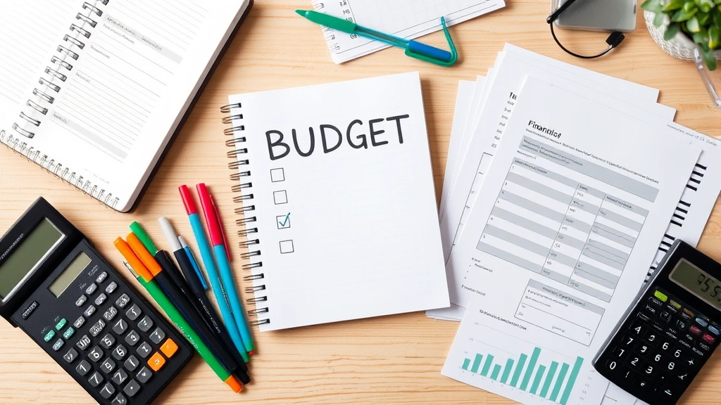 Top-down shot of a organized workspace with budget planning materials: colored pens, notebook with checkmarks, calculator, and financial documents spread out neatly on a light wood desk.