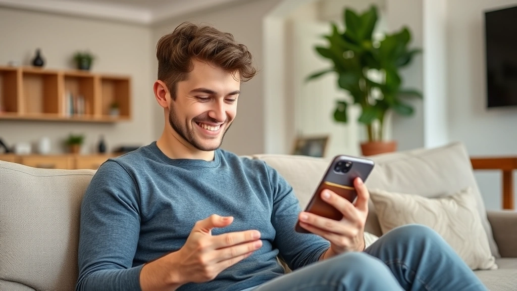 Young adult looking at their phone with a satisfied expression, holding a wallet, sitting on a comfortable couch in a bright, modern living room.