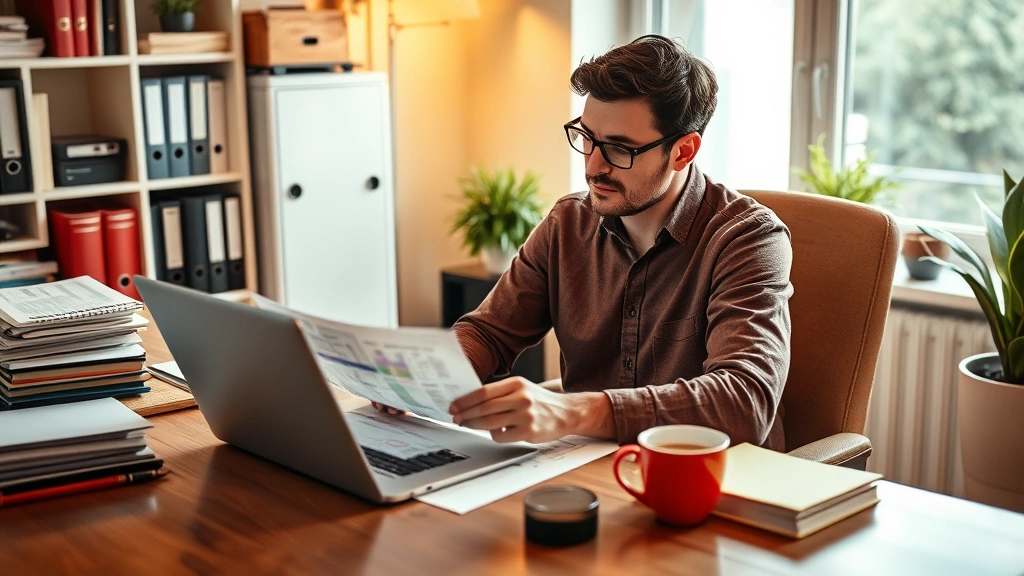 Person sitting at a home office desk with a laptop, looking thoughtfully at tax documents, with organized files and a cup of coffee, warm lighting