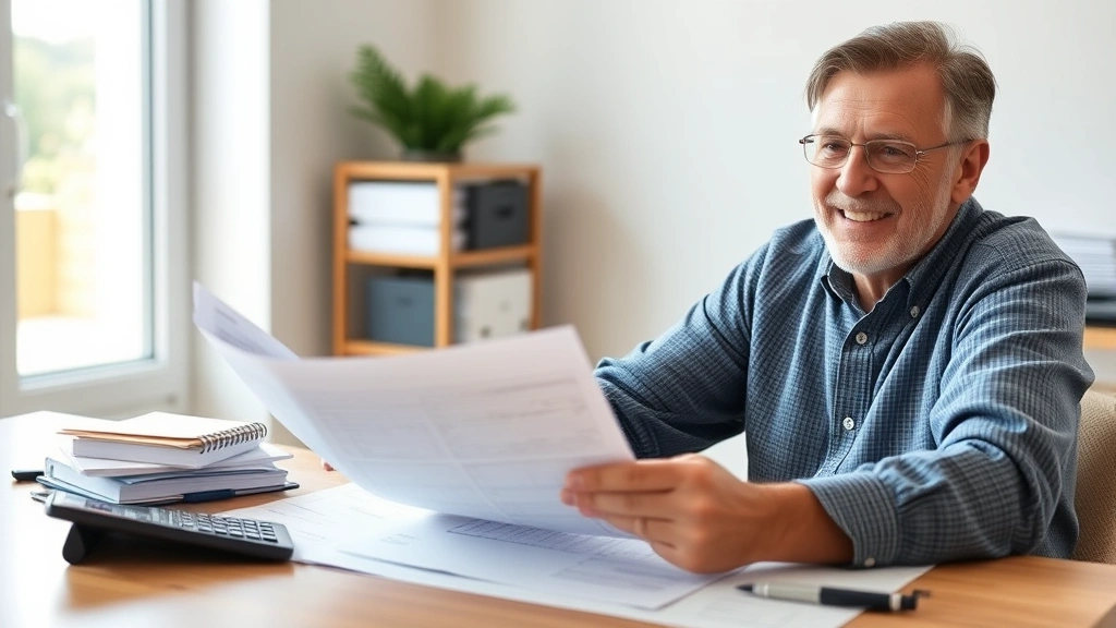 Adult reviewing completed tax forms with a satisfied expression, sitting at a desk with organized paperwork, calculator, and pen, bright natural lighting