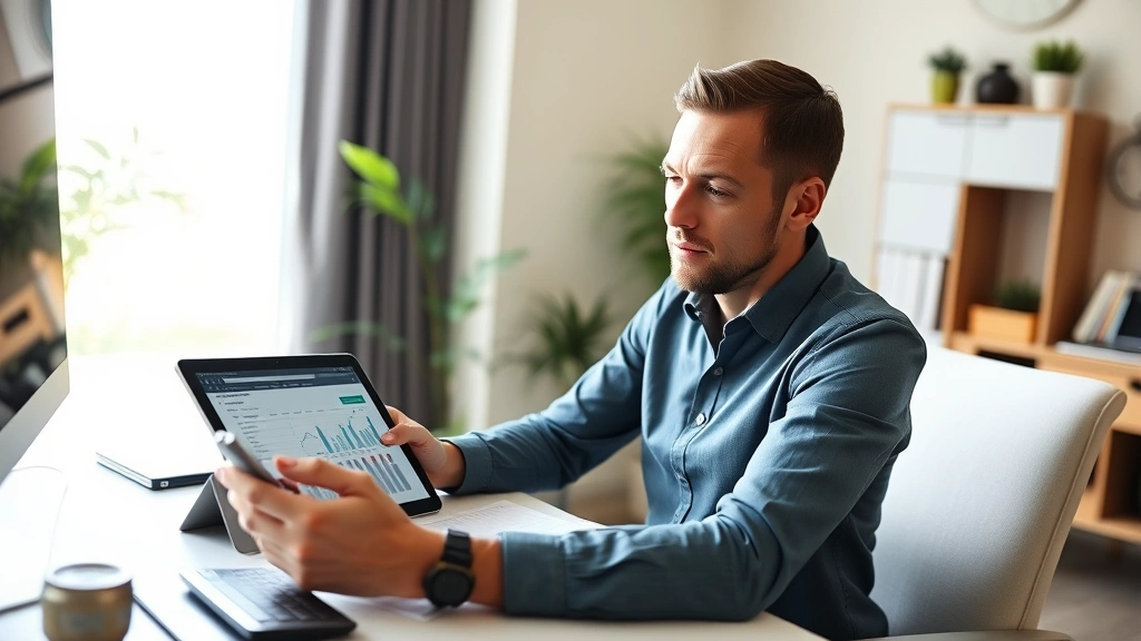 Person sitting at desk with tablet and calculator, reviewing budget spreadsheet, natural window light, focused expression, modern home office setup