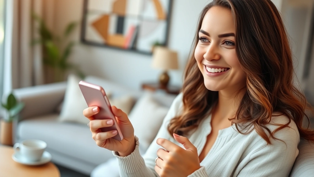 Woman looking at phone with satisfied expression, financial app open, modern apartment background, cup of tea nearby, morning light
