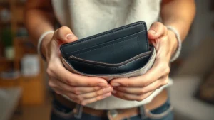 Close-up of hands holding wallet with empty pockets, soft natural lighting, person looking at camera with concerned but hopeful expression, warm home background