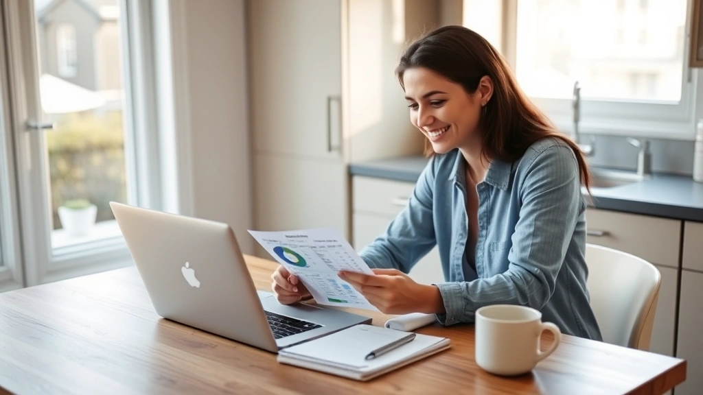 Young professional sitting at kitchen table with laptop and notebook, smiling while reviewing budget spreadsheet, coffee cup nearby, morning sunlight through window, organized and calm