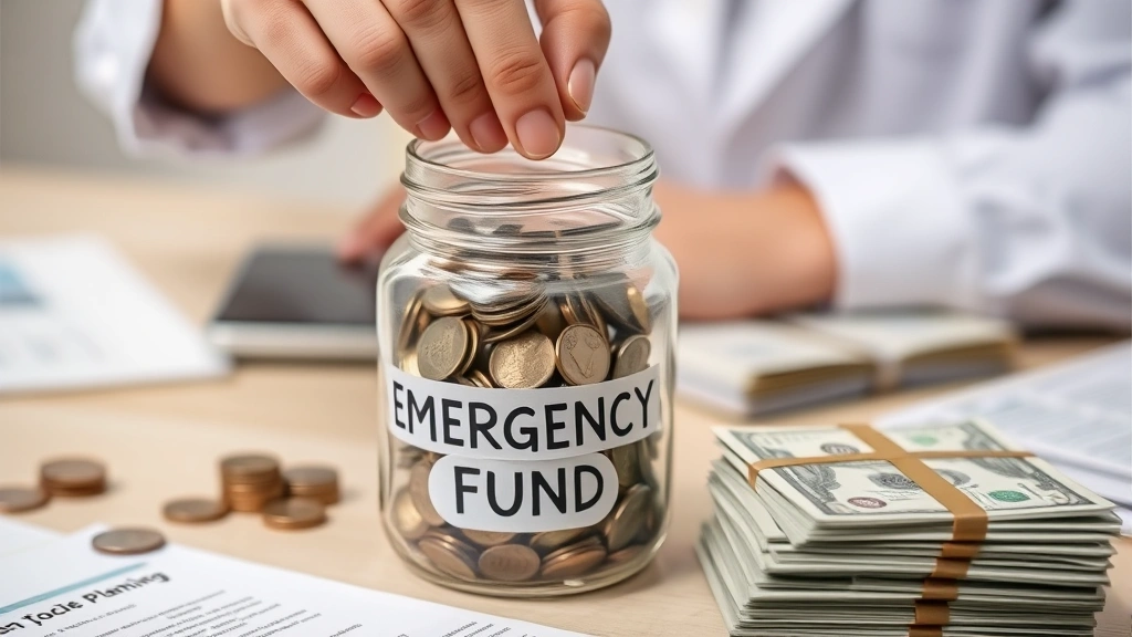 Hands placing coins into glass jar labeled 'Emergency Fund', money stacks visible, desk with financial planning materials, close-up detail shot, soft focus background