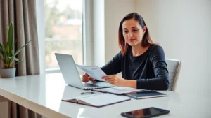 Person sitting at a clean desk with a laptop and notebook, reviewing budget spreadsheet, natural lighting from window, calm and focused expression, modern home office setup