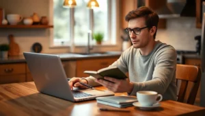 A person sitting at a kitchen table with a laptop and notebook, looking focused while reviewing their monthly budget. Warm lighting, coffee cup nearby, relaxed but purposeful atmosphere. Shows financial planning in a real, lived-in space.