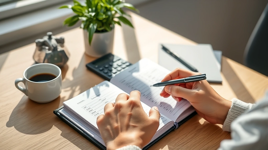 Close-up of hands writing in a financial journal or planner with a calculator, coffee, and a plant on the desk. Sunlit workspace, organized but comfortable. Represents tracking spending and taking control of finances.