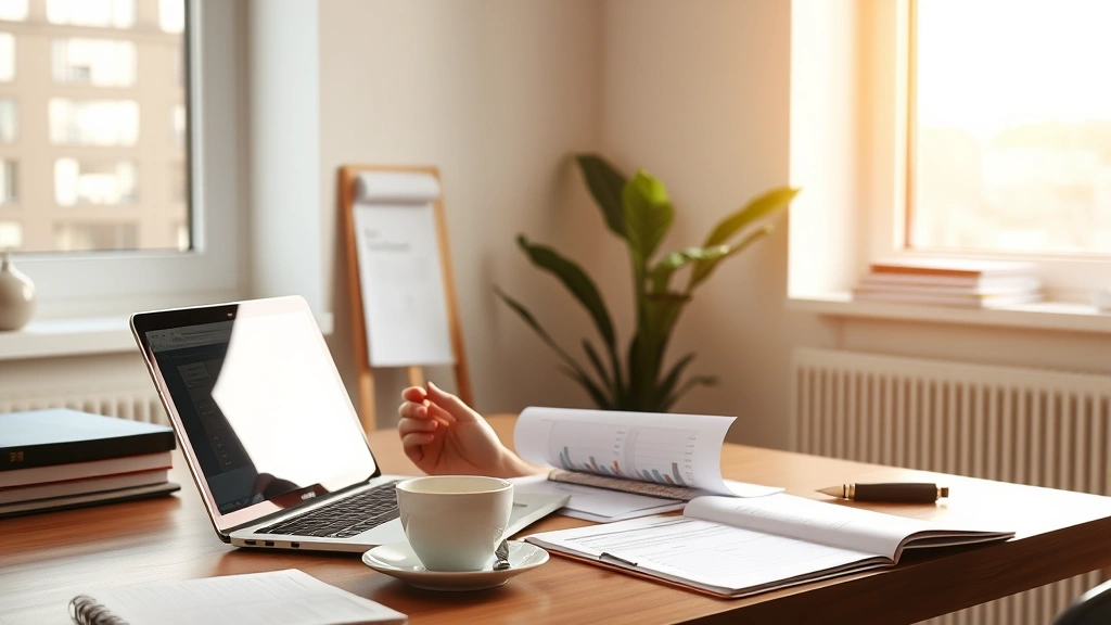 Professional workspace with laptop, notebook, and coffee cup; person reviewing financial documents and budget spreadsheets; natural sunlight through windows; calm, organized desk setup; modern minimalist aesthetic; warm tones