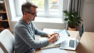 Person sitting at a desk with a laptop and notebook, reviewing financial documents and planning their budget with a focused, determined expression, natural lighting from a window, modern home office setting