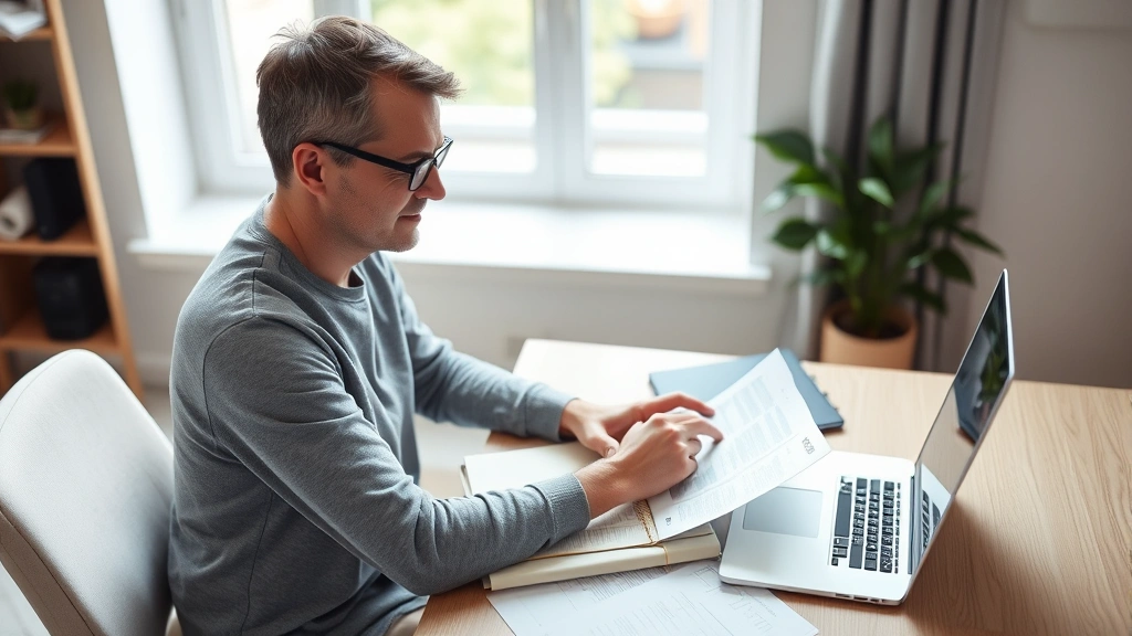 Person sitting at a desk with a laptop and notebook, reviewing financial documents and planning their budget with a focused, determined expression, natural lighting from a window, modern home office setting