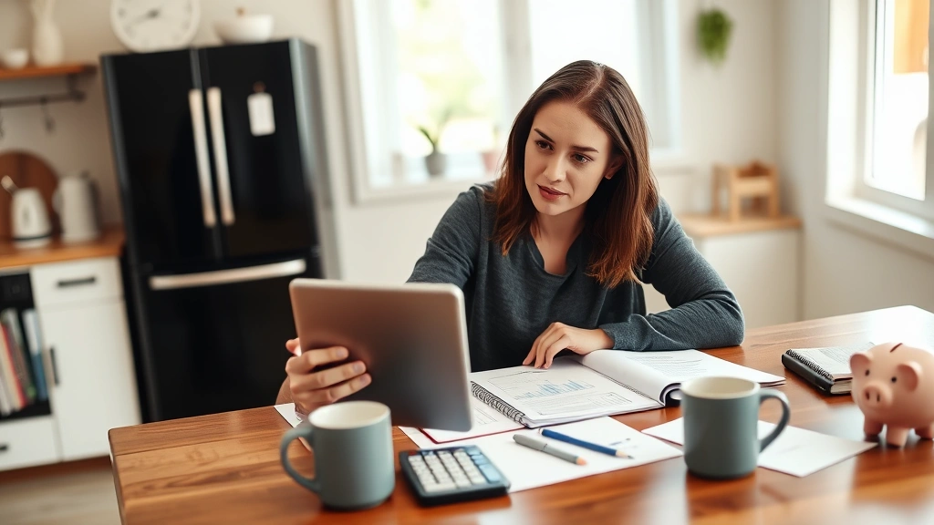 Young professional sitting at kitchen table with tablet and notebook, analyzing budget; piggy bank visible; organized papers and calculator nearby; casual home setting; natural lighting; thoughtful, focused expression; coffee cup on table