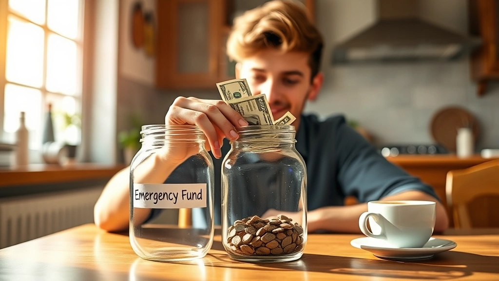 Young adult putting cash into a clear glass jar labeled 'Emergency Fund', sitting at a kitchen table with a cup of coffee nearby, warm natural light, peaceful and hopeful atmosphere